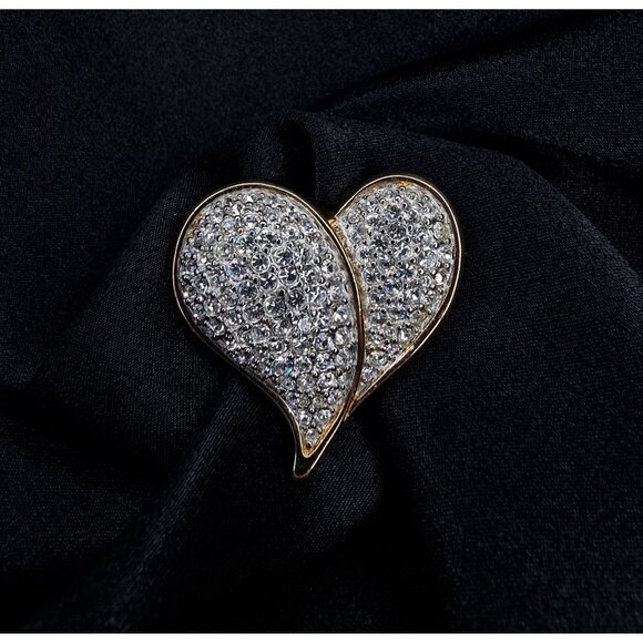 Vintage 1990s Swarovski Crystal Double Heart Brooch Gold-Tone Pin - Picture 2 of 6
